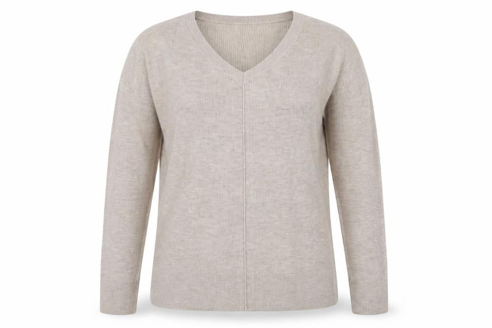 Front view of Gap women’s beige v-neck cotton jumper, size M