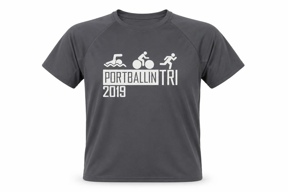 Front view of SPIRO men’s grey polyester basic t-shirt, size M, crew neck - portballin tri