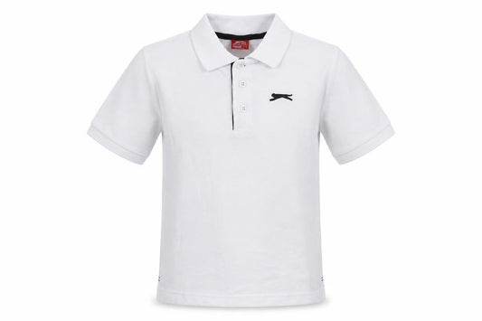 Front view of Slazenger boys’ white polyester basic polo, size 9-10, years collared button