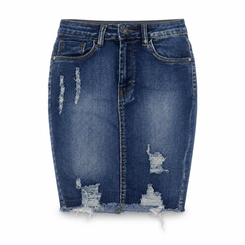 Front view of My Bestiny women’s blue cotton mini skirt, size S, button