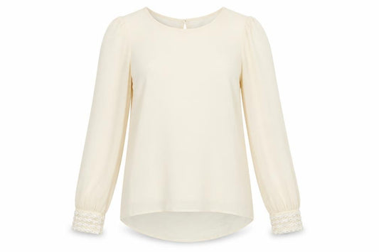 Front view of Primark women’s ivory polyester basic blouse, size UK 8, crew neck - embellished cuffs