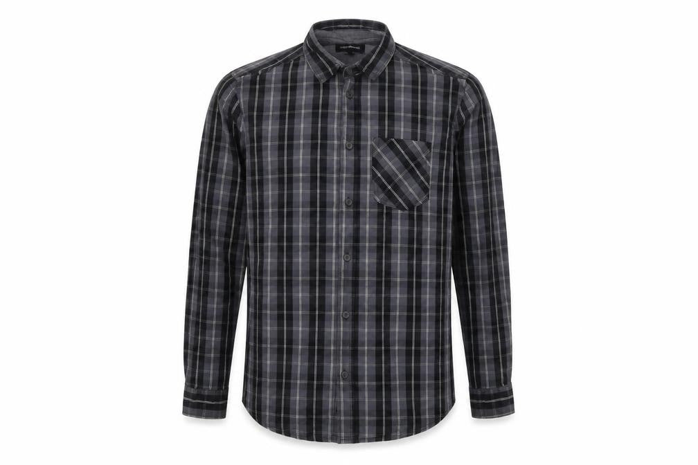 Front view of Industrialize men’s grey plaid cotton button-up, size M, collared button