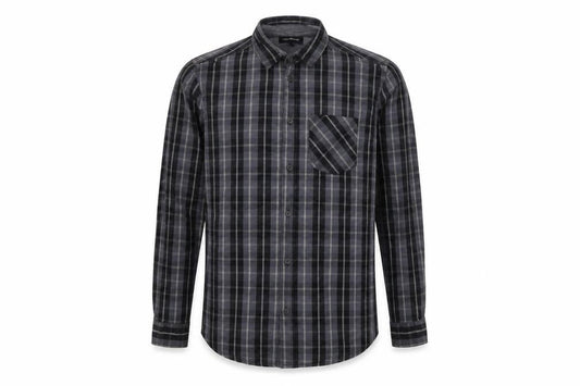 Front view of Industrialize men’s grey plaid cotton button-up, size M, collared button