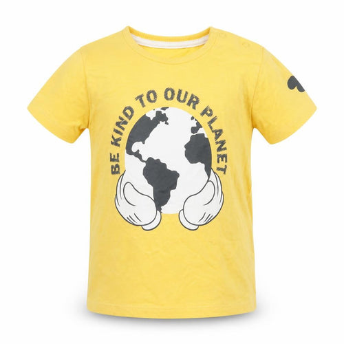 George Boys Yellow  Cotton Basic T-Shirt Size 12-18 Months Crew Neck Snap - Mickey Mouse