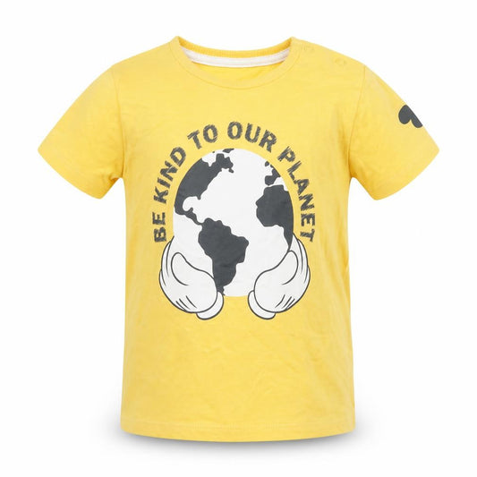 Front view of George boys’ yellow cotton basic t-shirt, size 12-18, months crew neck snap - mickey mouse
