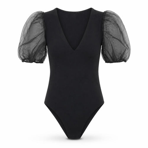 New Look Womens Black  Cotton Bodysuit One-Piece Size 6  Snap - Puff Sleeve