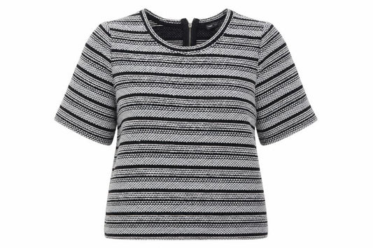 Front view of Next women’s grey round neck striped acrylic jumper, size UK 14