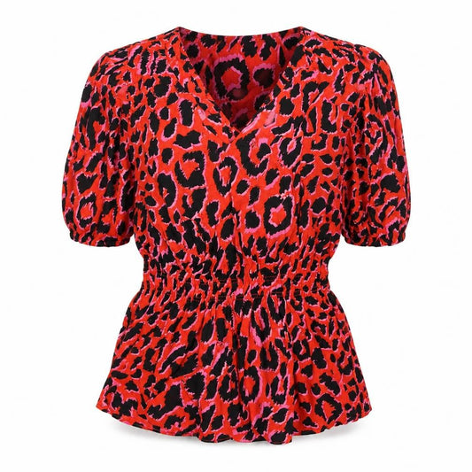 Front view of F&F women’s red animal print viscose basic blouse, size UK 6, v-neck