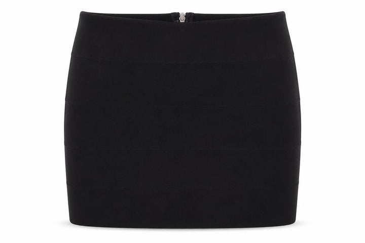 Front view of Exhibit women’s black polyester mini skirt, size UK 12, regular zip