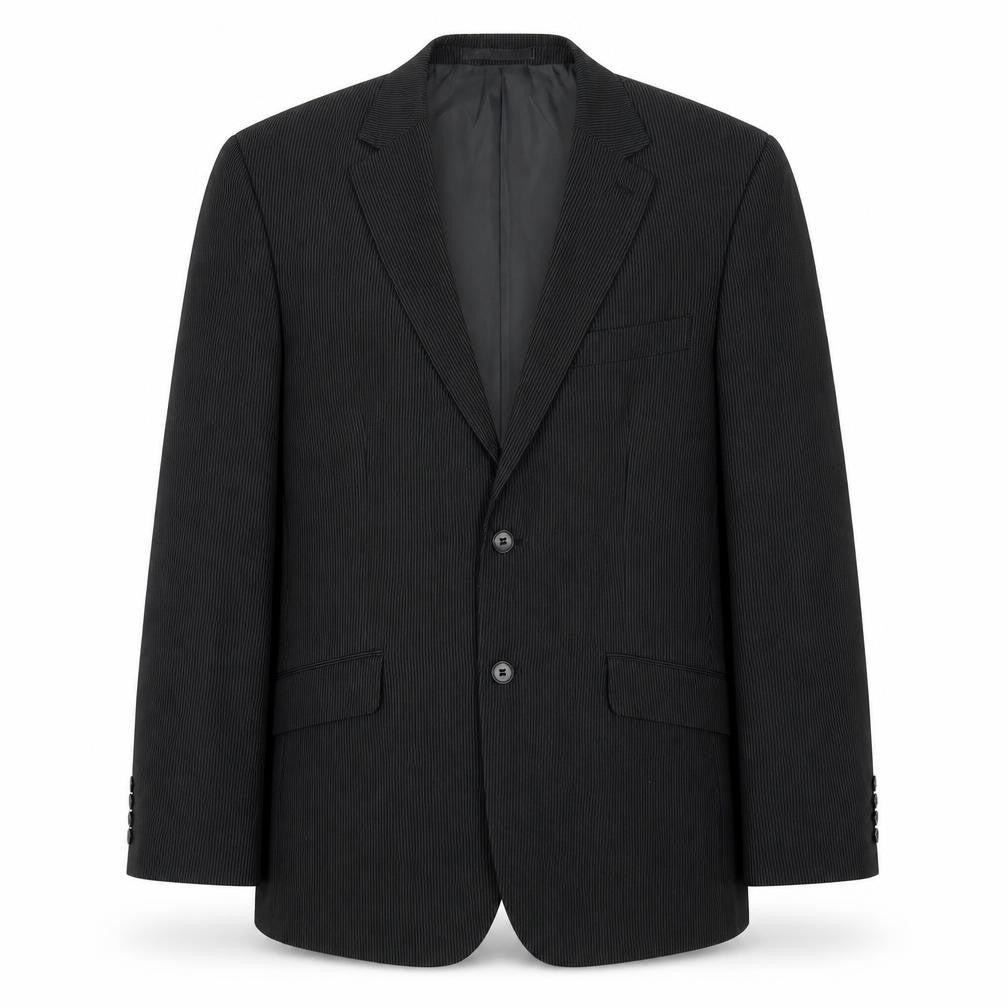 Front view of Burton men’s black striped polyester jacket suit jacket, size 40