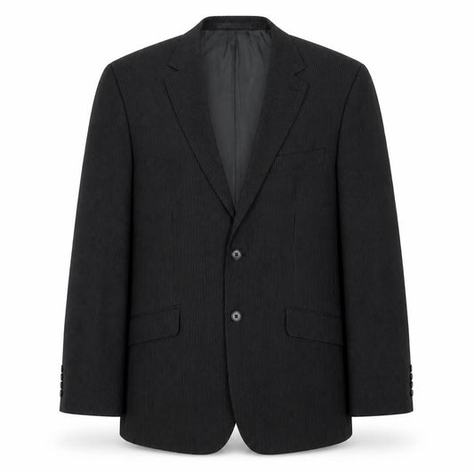 Front view of Burton men’s black striped polyester jacket suit jacket, size 40