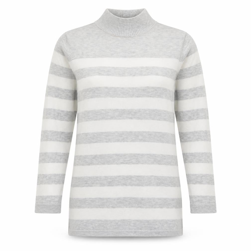 Front view of Atmosphere women’s grey mock neck striped viscose jumper, size UK 10