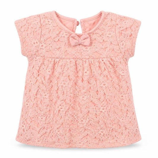 Front view of Dunnes girls’ pink floral cotton basic t-shirt, size 3-6, months crew neck button