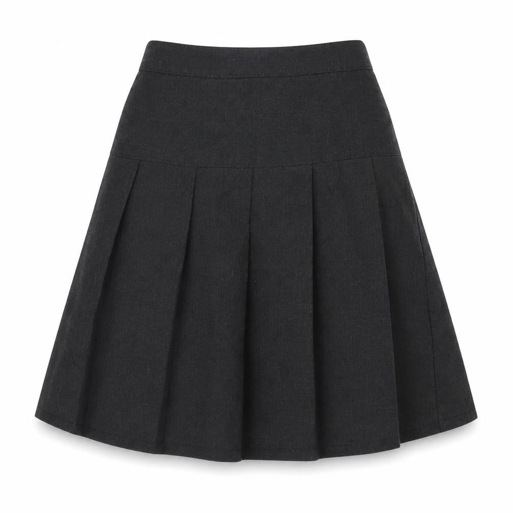 Front view of Dunnes girls’ grey polyester a-line skirt, size 5-6, years regular pull on - school wear