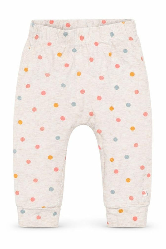 Front view of Mothercare girls’ beige polka dot cotton capri trousers, size 6-9, months pullover