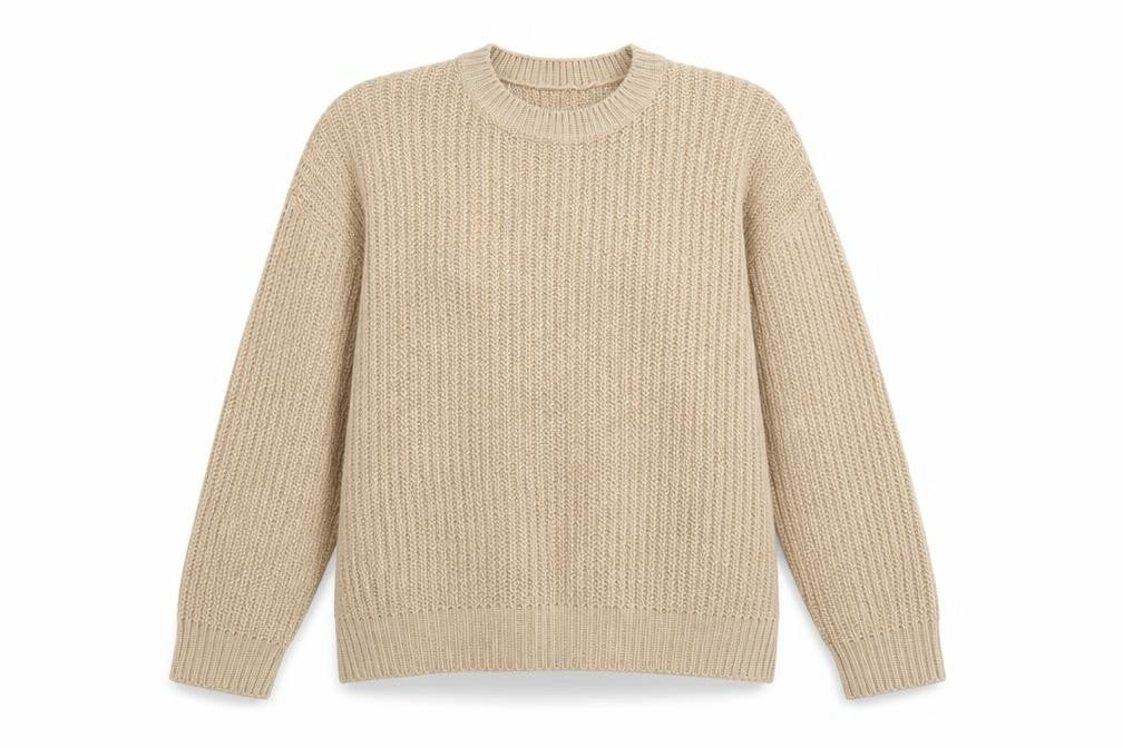 Front view of New Look women’s beige round neck acrylic jumper, size M
