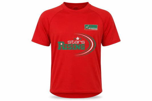 Front view of Star World men’s red polyester basic t-shirt, size M, crew neck