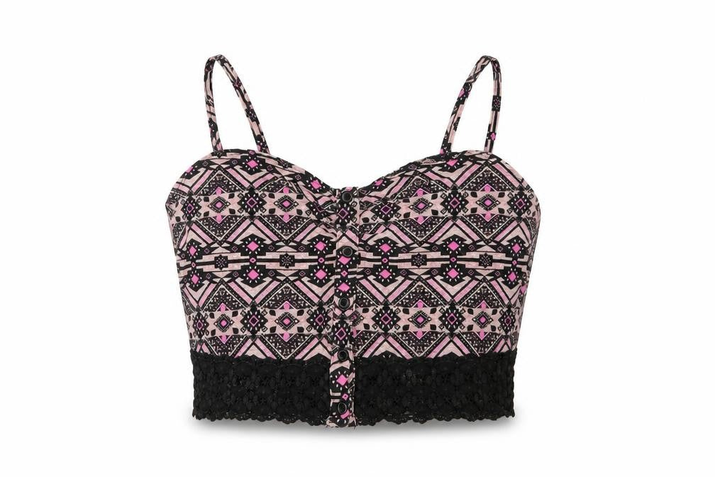 New Look Womens Pink Geometric Cotton Cropped Tank Size 12 V-Neck - Lace Detail