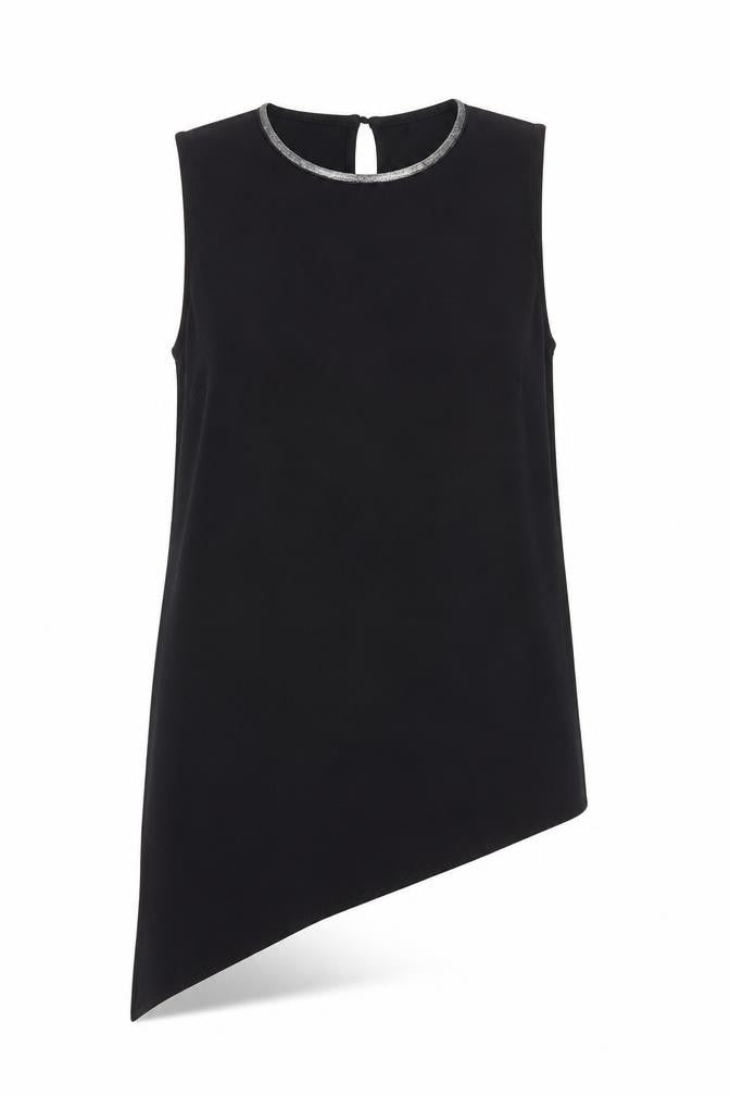 Front view of River Island women’s black polyester basic blouse, size UK 10, round neck - hi low hem