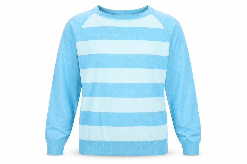 Front view of Gallery men’s blue crew neck striped viscose jumper, size M