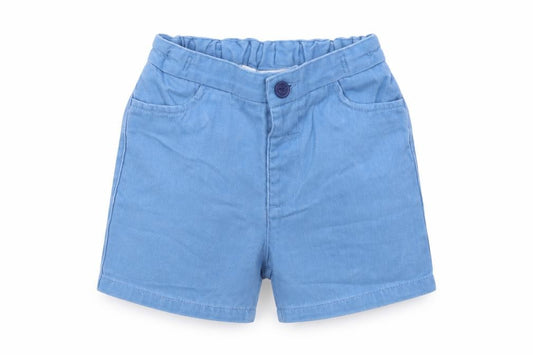 Front view of Little Bird Baby Blue Cotton Cropped Trousers, size 12-18, Months Button