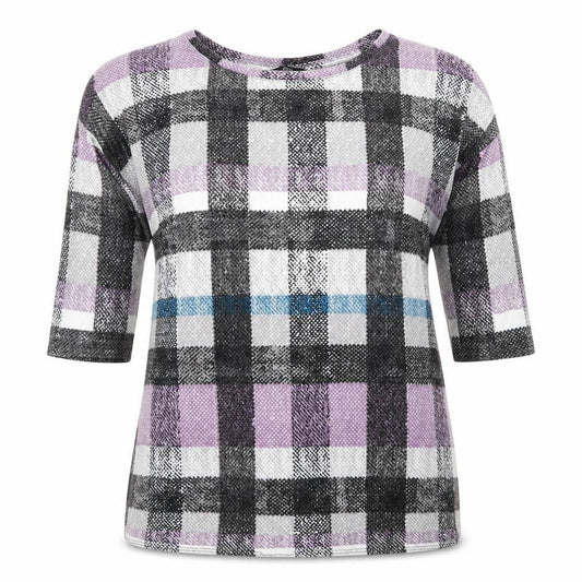 Front view of F&F women’s purple check polyester pullover sweatshirt, size UK 12, pullover
