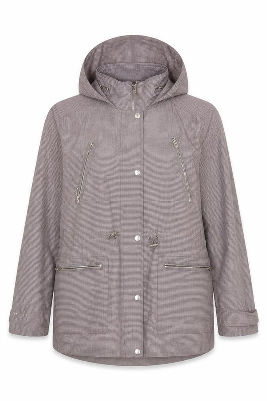 Front view of Marks & Spencer women’s grey check jacket coat, size UK 2, zip