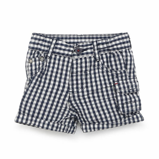 Front view of Babaluno boys’ blue check cotton cropped trousers, size 6-9, months button