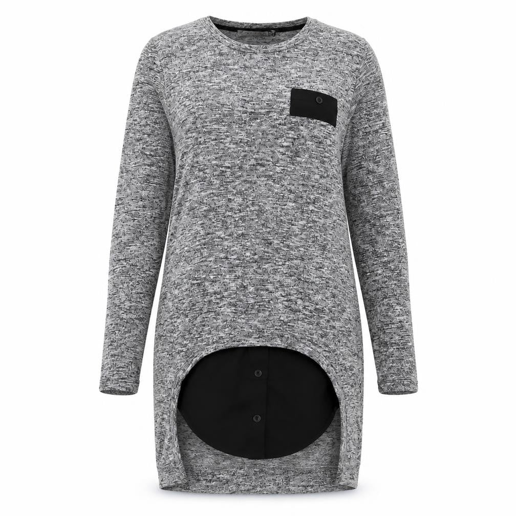 Front view of Zarra Gembos women’s grey polyester jumper dress, size UK 8, round neck pullover - shirt insert