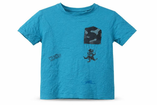 Front view of Next boys’ blue cotton basic t-shirt, size 5, years round neck - dinosaur woohoo