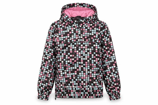 Front view of Xdye women’s multicoloured geometric jacket, size L, zip