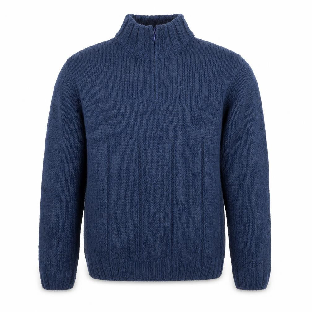 Front view of Easy men’s blue collared acrylic jumper, size L