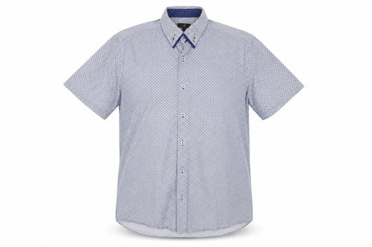 Front view of Next men’s blue geometric cotton button-up, size L, collared button