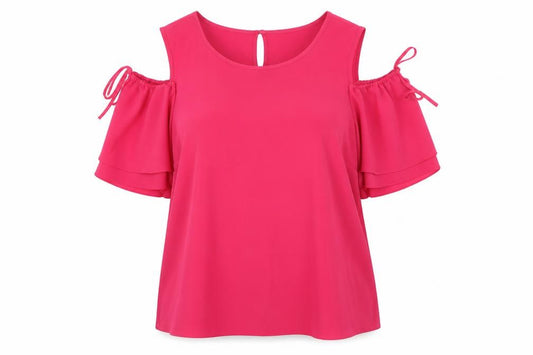 Front view of Dunnes women’s pink polyester basic blouse, size UK 14, round neck - cold shoulder