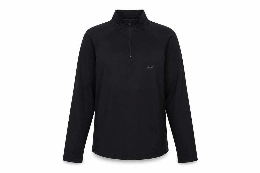 Front view of Boohoo women’s black polyester henley sweatshirt, size UK 10, zip