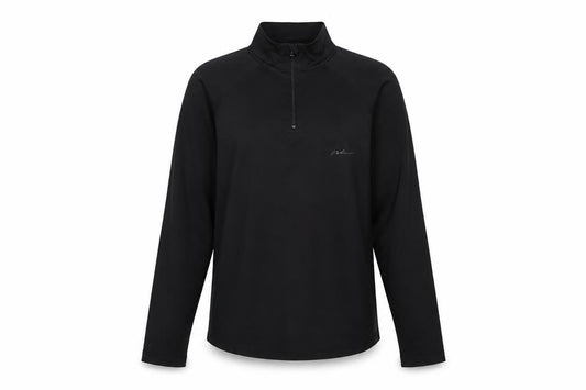 Front view of Boohoo women’s black polyester henley sweatshirt, size UK 10, zip