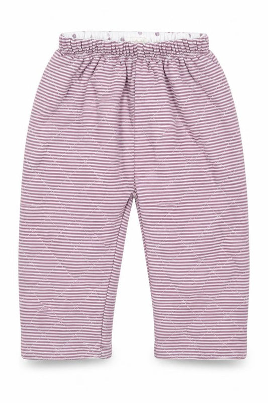 Front view of mamas & papas girls’ purple striped cotton sweatpants, size 6-9, months - pyjama pants