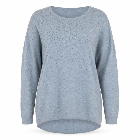 Front view of Atmosphere women’s blue round neck viscose jumper, size UK 10