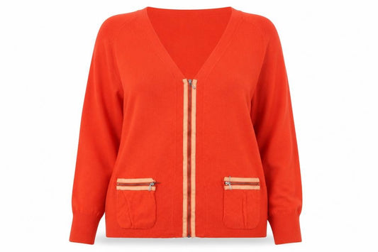 Front view of Lakeland women’s red v-neck polyester full zip jumper, size UK 18