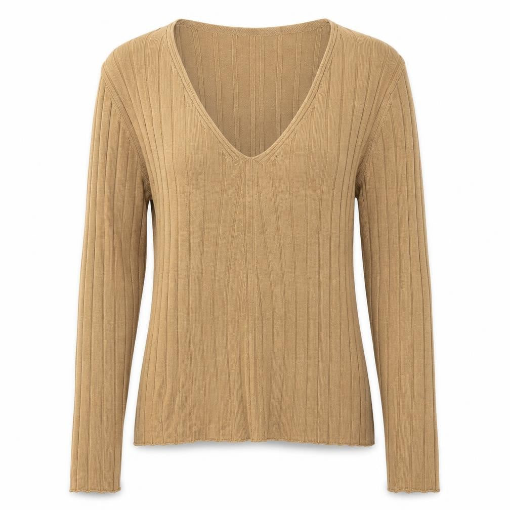 Front view of Topshop women’s brown v-neck acrylic jumper, size M