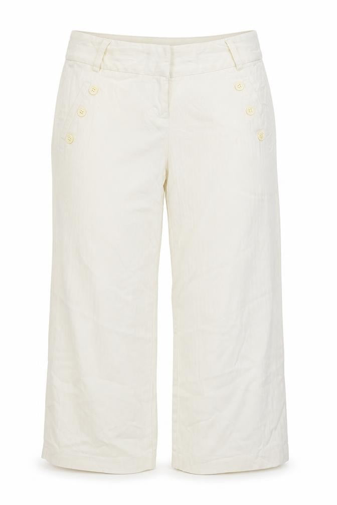 Front view of Tu women’s white striped cotton cropped trousers, size UK 8, 20-inch leg regular button