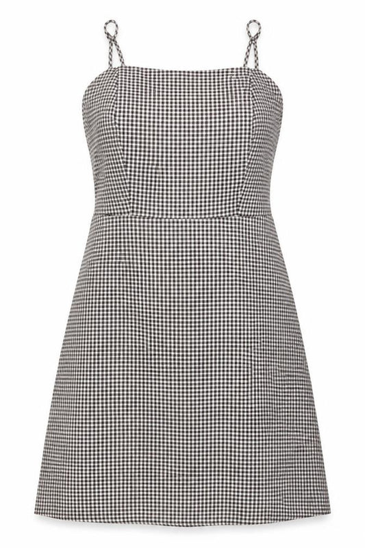 Front view of SHEIN women’s black check polyester a-line, size L, off the shoulder zip