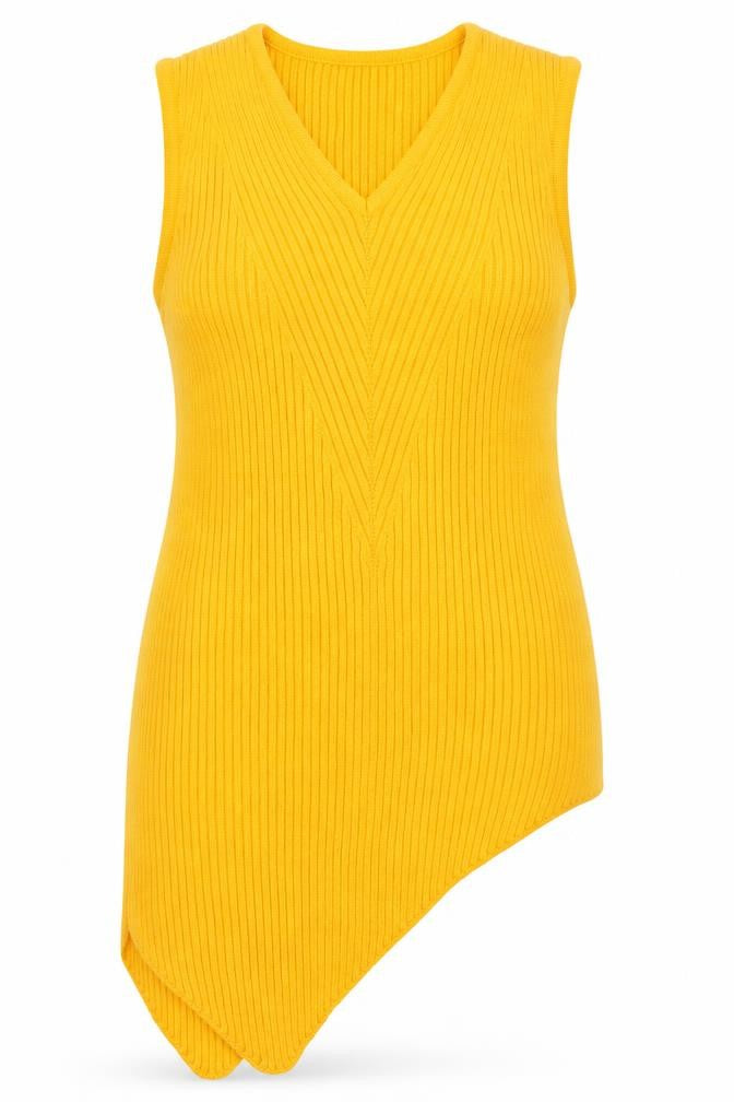 Front view of River Island women’s yellow acrylic basic tank, size UK 10, v-neck