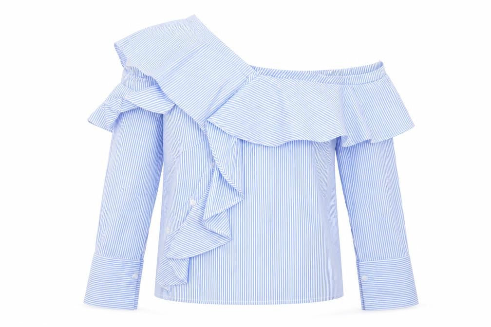 Front view of New Look women’s blue striped polyester basic blouse, size UK 6, off the shoulder - cold shoulder