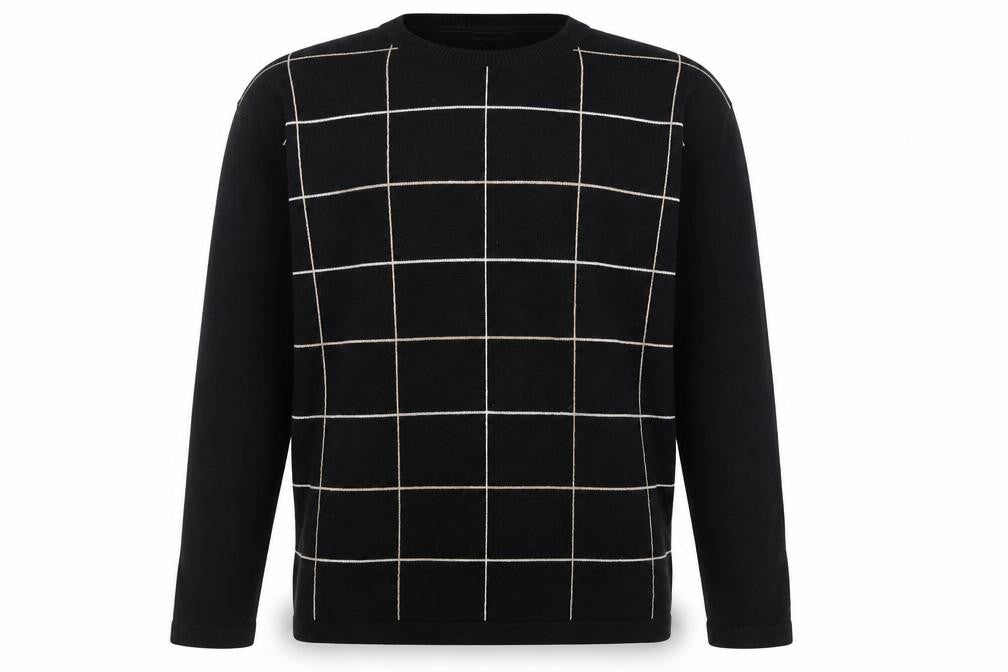 Front view of Cedarwood State men’s black round neck check acrylic jumper, size S