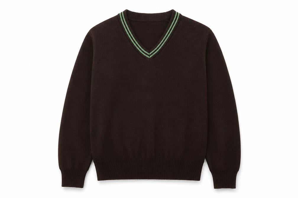 Front view of Hunter boys’ brown v-neck acrylic jumper, size S, pullover