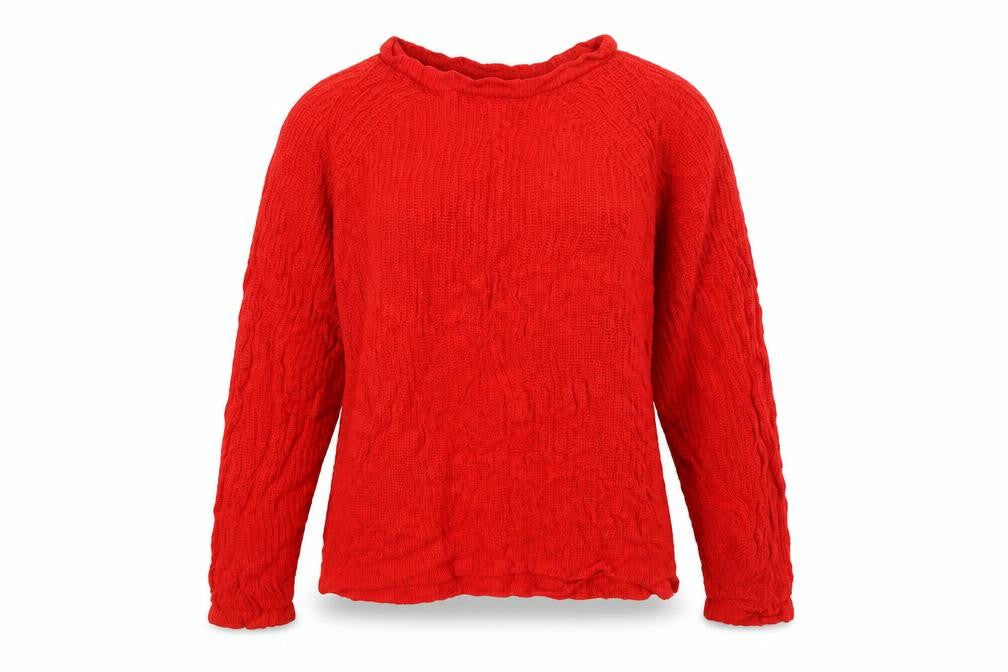 Front view of Primark women’s red round neck acrylic jumper, size M
