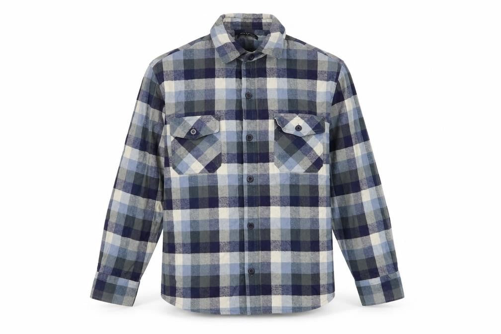 Front view of UrbanSpirit men’s blue plaid cotton button-up, size M, collared button
