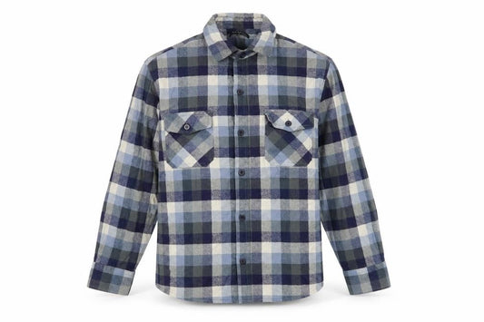 Front view of UrbanSpirit men’s blue plaid cotton button-up, size M, collared button