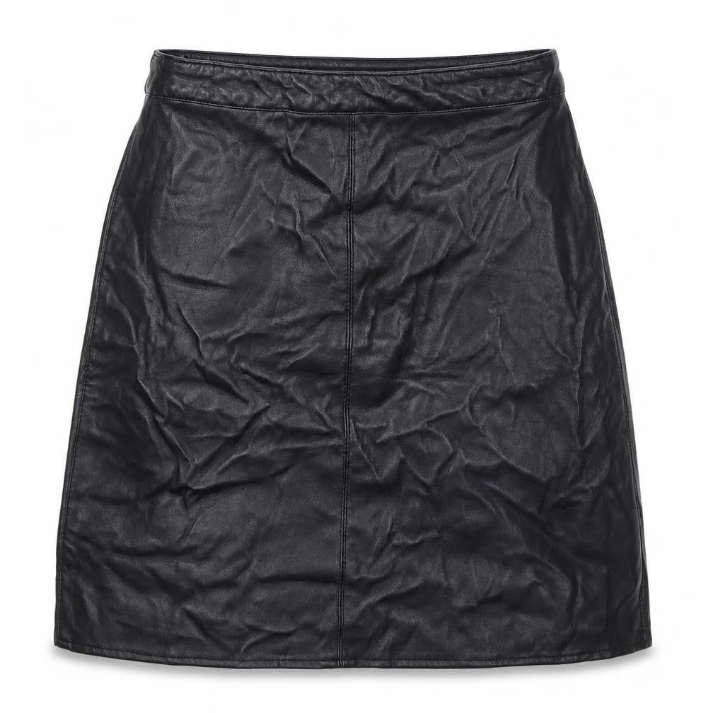 Front view of Atmosphere women’s black polyurethane a-line skirt, size UK 4, zip